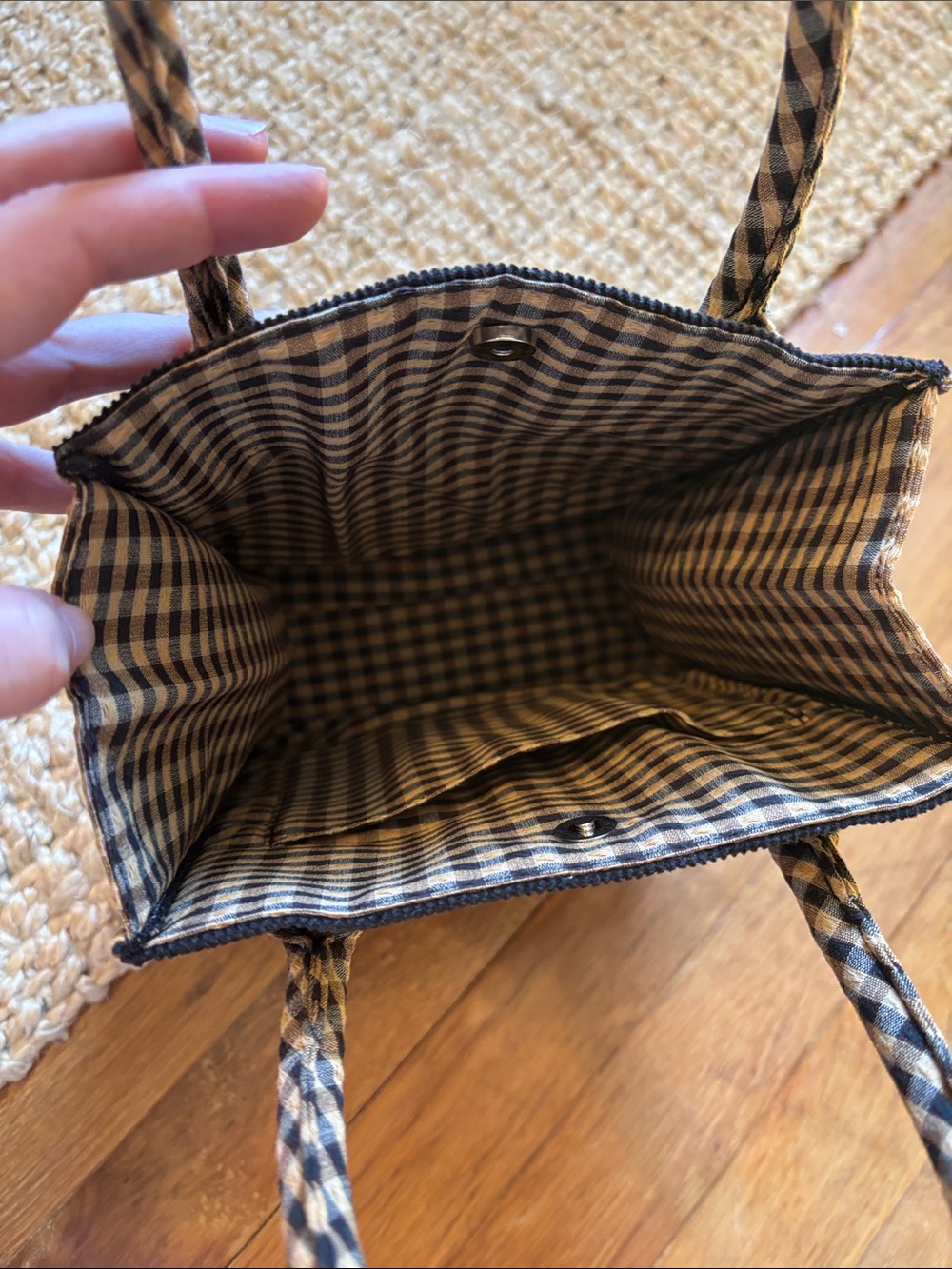 Longaberger Black Corduroy Tote with Brown Plaid Handles - Picture 3 of 7